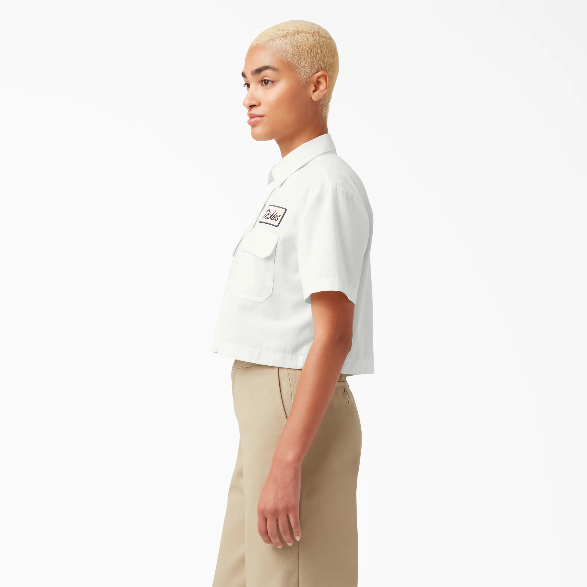 Women's Embroidered Patch Cropped Work Shirt - Image 3