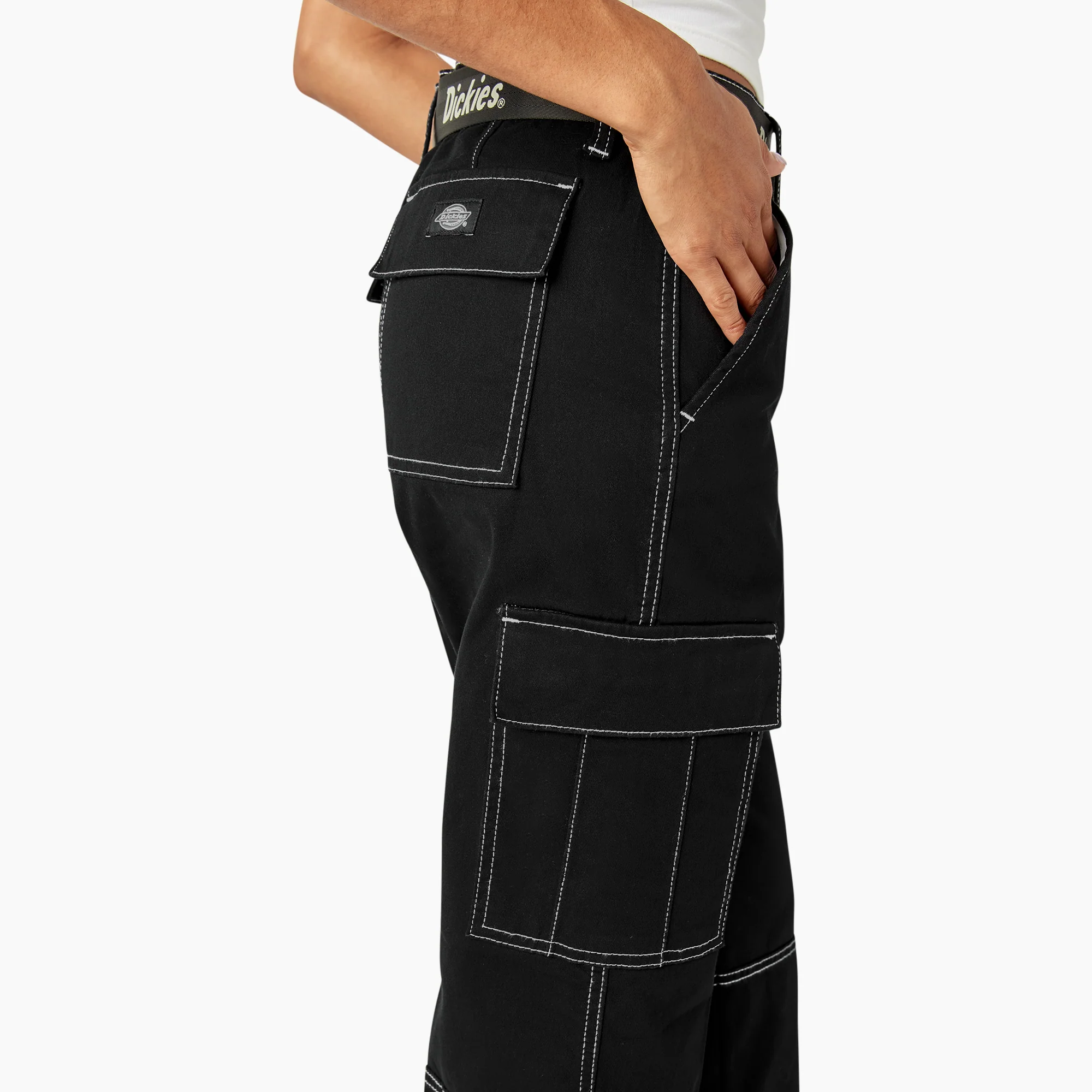 Women's Relaxed Fit Contrast Stitch Cropped Cargo Pants - Image 9
