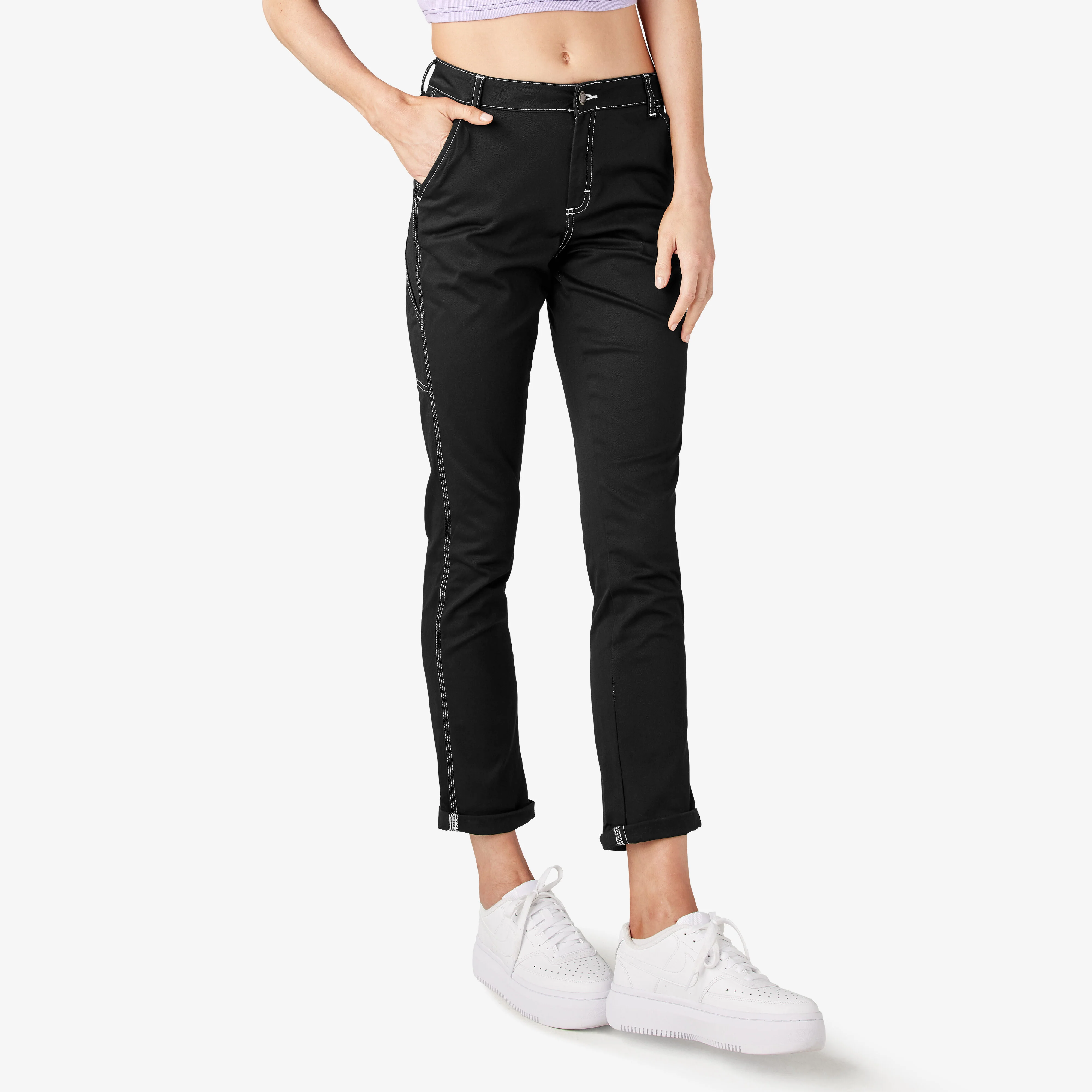Women's Slim Straight Fit Roll Hem Carpenter Pants - Image 4